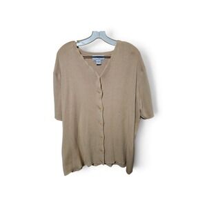 August Max Woman Tan Scalloped V-Neck Short Sleeve Button Front Cardigan 1X 0518